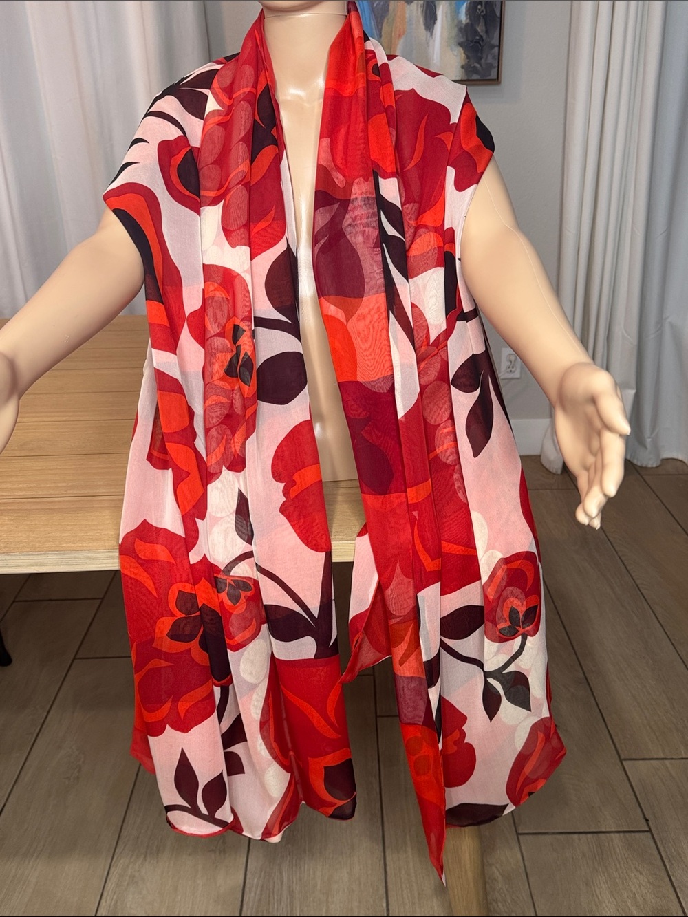 HARARI Oversized 100% Silk Floral Scarf Wrap Shawl Red Pink 84” x 42” USA